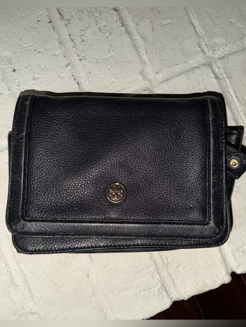 Tory Burch Black Pebbled Leather Bifold Wallet with Gold Logo